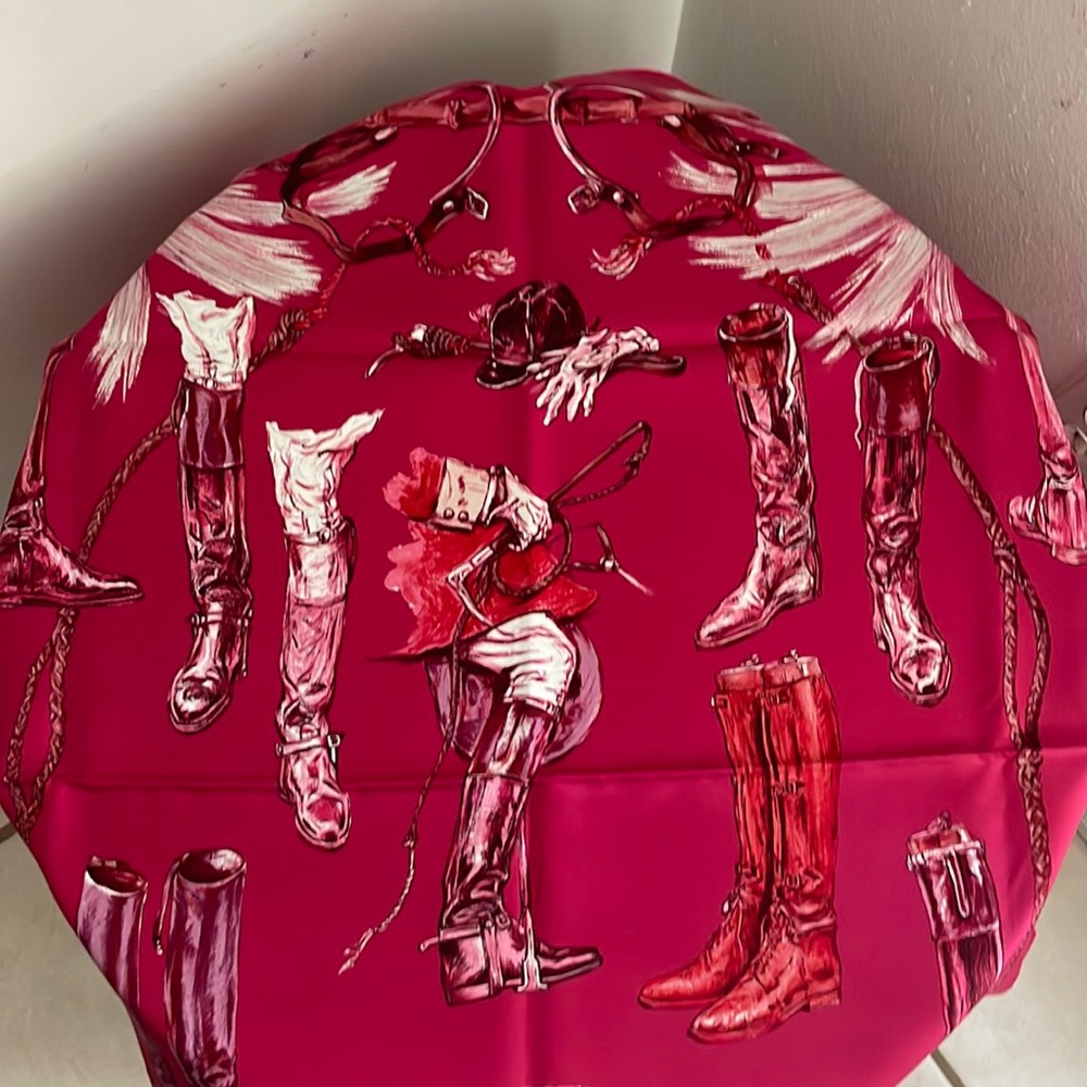 Hermès "A Propos de Bottes" Silk Scarf in Raspberry - Large